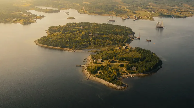 Oak Island from the air (AI-assisted historical reconstruction, not a photograph)