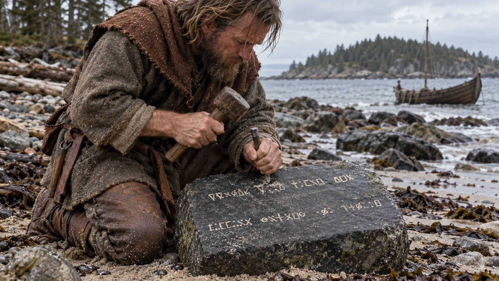 The inscribed 90-foot stone of the Oak Island Money Pit (AI-assisted historical reconstruction, not a photograph)