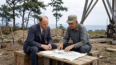 Gilbert Hedden and Edwin Hamilton: The Engineers Who Mapped the Oak Island Money Pit (AI-assisted historical reconstruction, not a photograph)