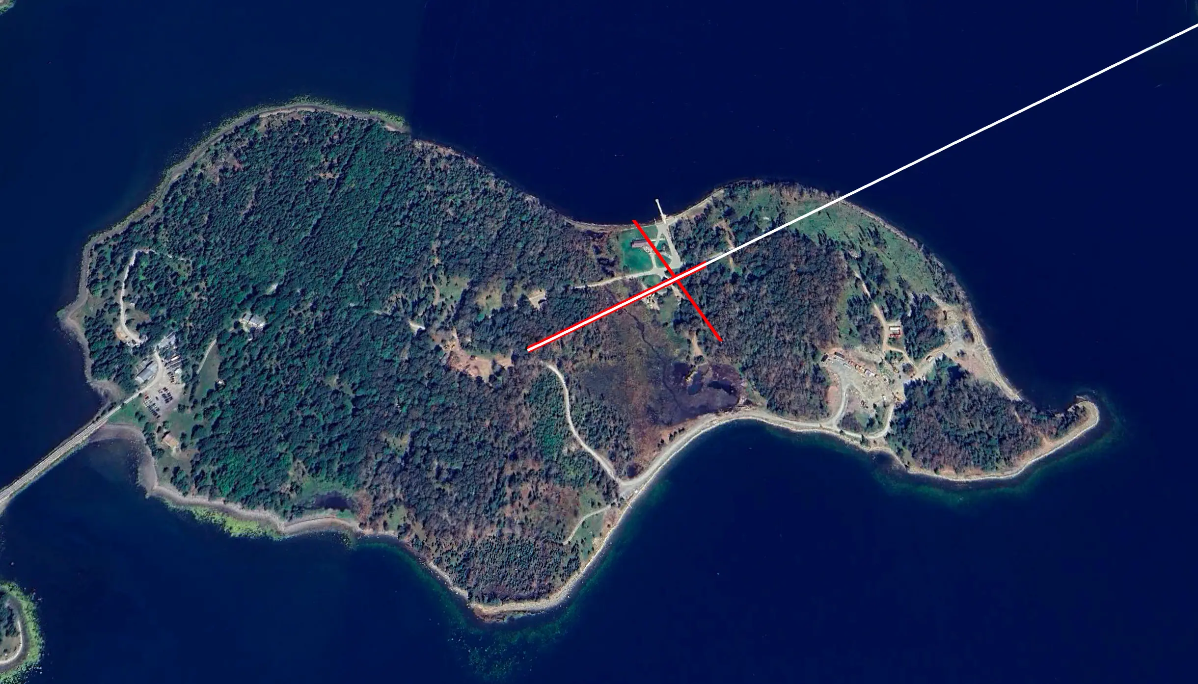 The Alignment line hitting the spine of Nolan's Cross on Oak Island with incredible mm-precision.