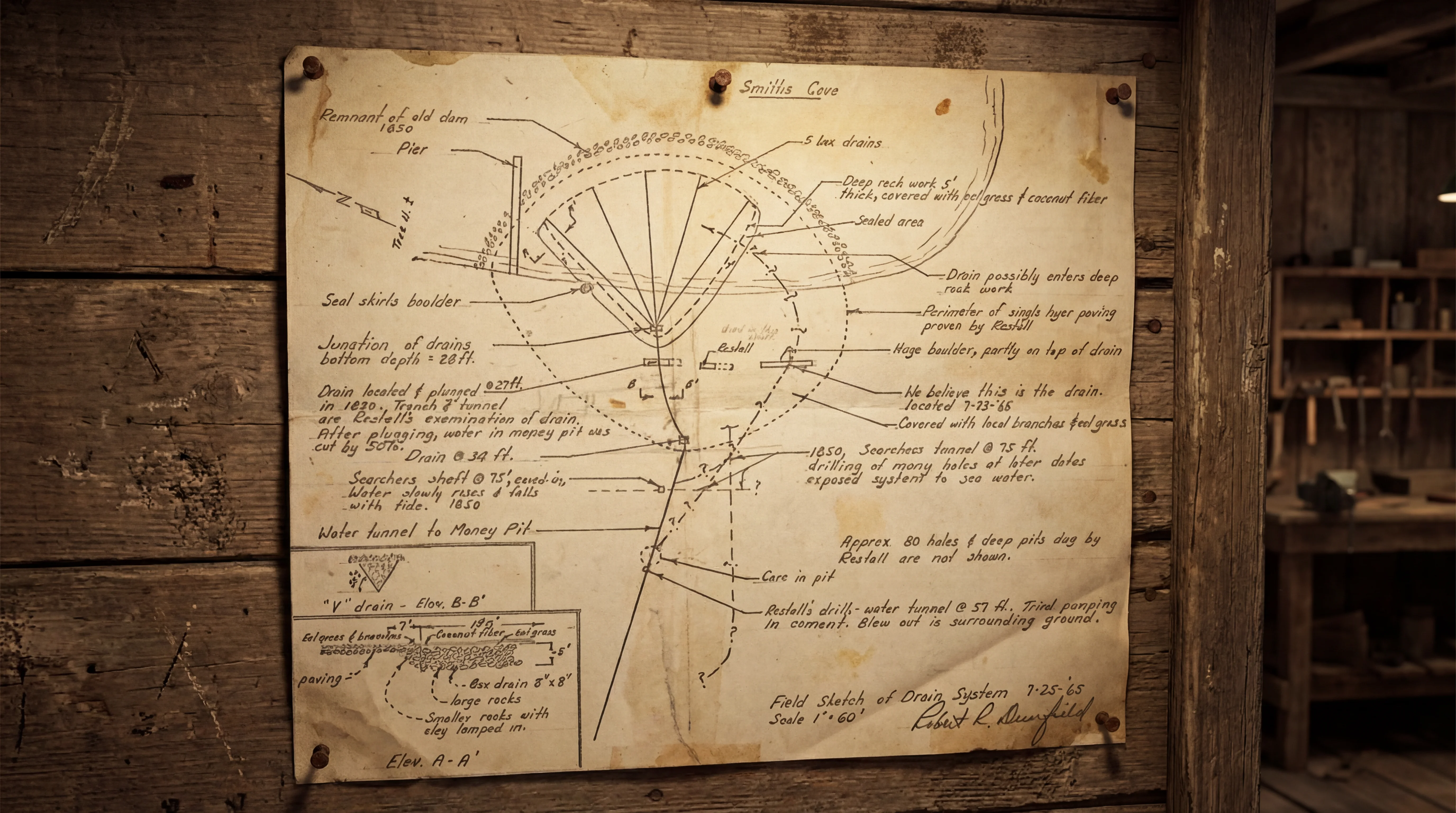 Robert Dunfield's sketch of the Oak Island drain system from July 25, 1965.