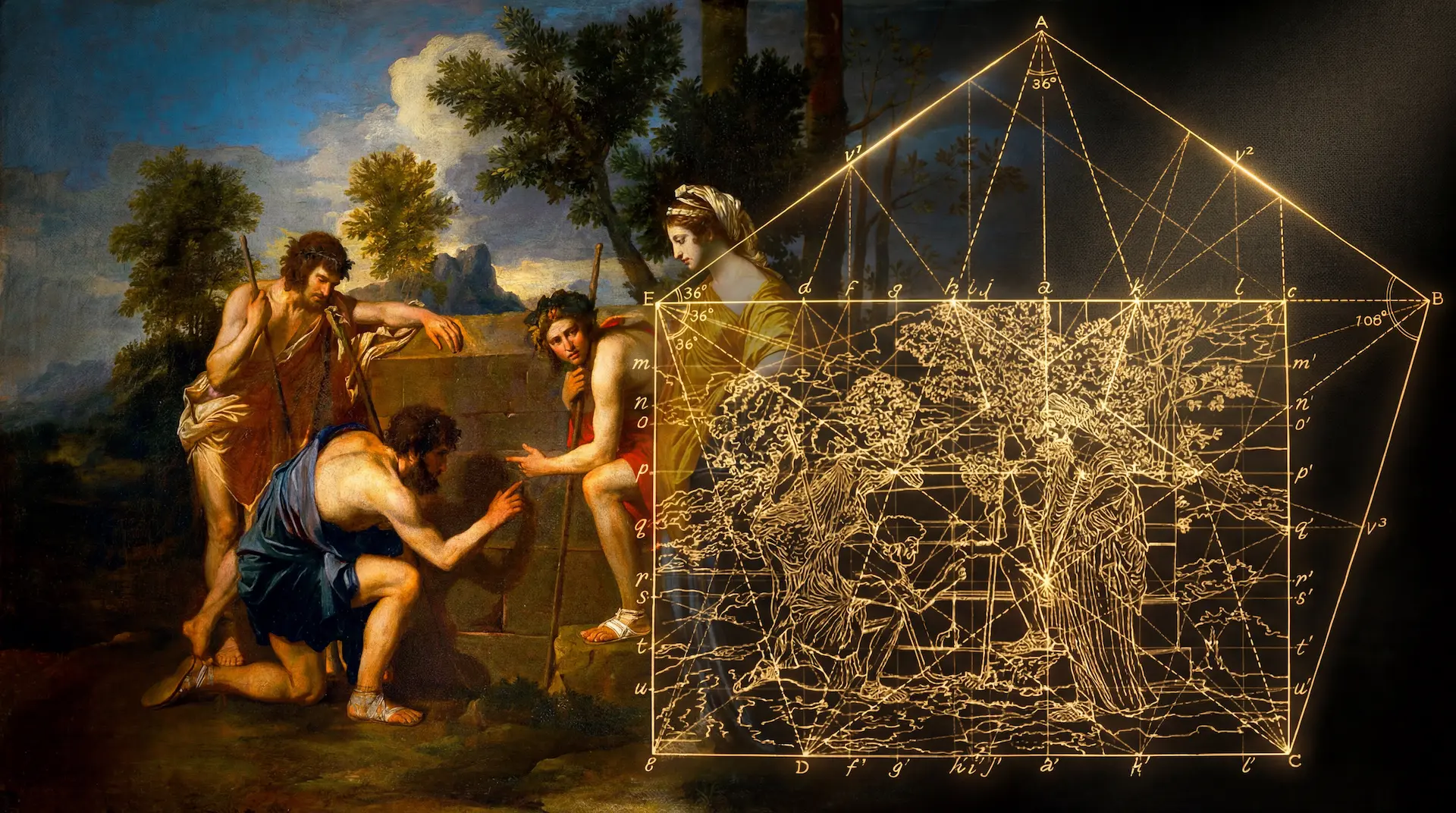 The composition of Shepherds of Arcadia II is based on an invisible pentagram, positioned partially outside the frame.