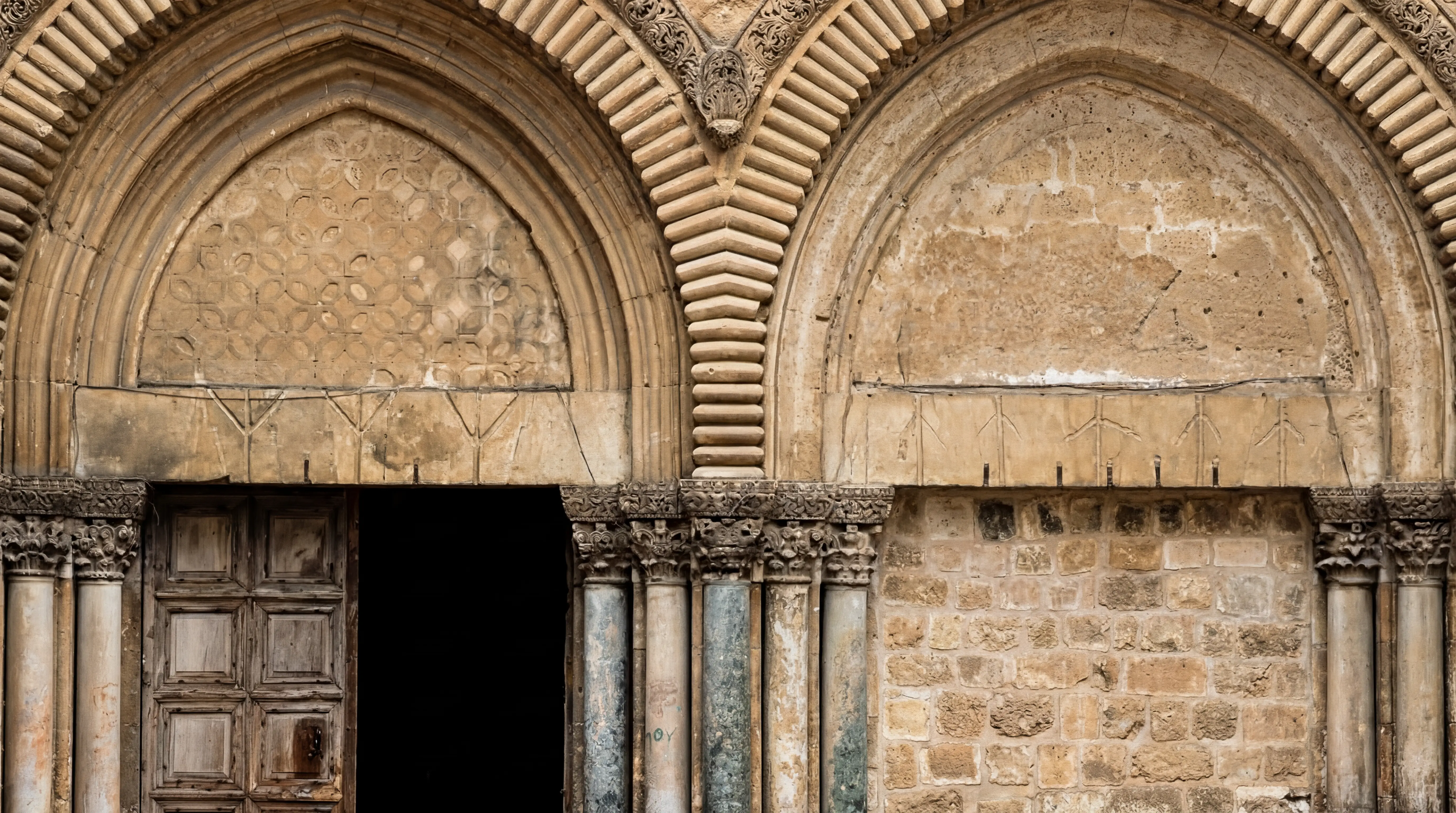 The double entrance to the Church of the Holy Sepulcher in Jerusalem, with its 8 carved Goose Paws