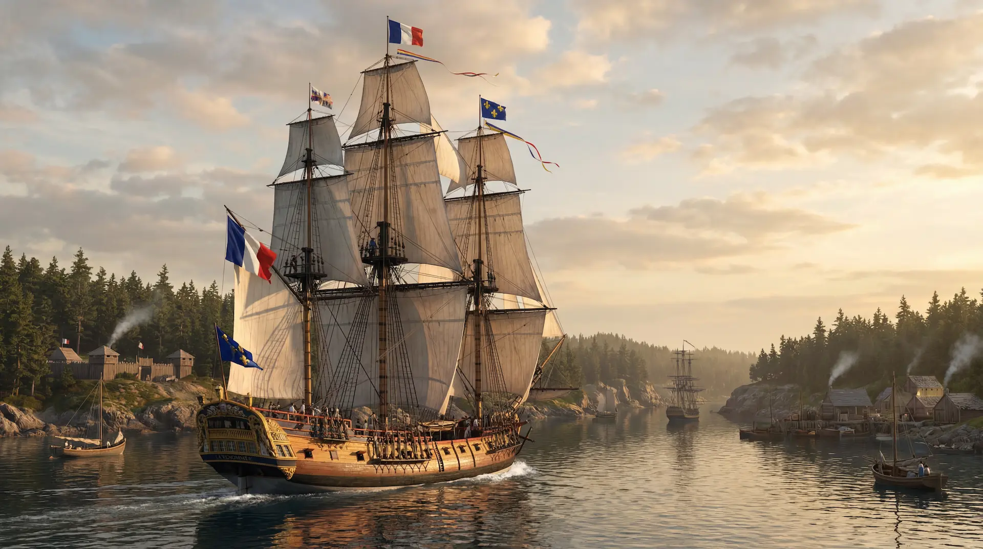 The ship La Renom&eacute;e entering a bay in Acadia in 1746.