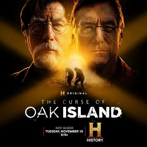 Season 14 key art for The Curse of Oak Island showing Rick and Marty Lagina above two diggers, with the premiere date Tuesday, November 10, 9/8c on HISTORY