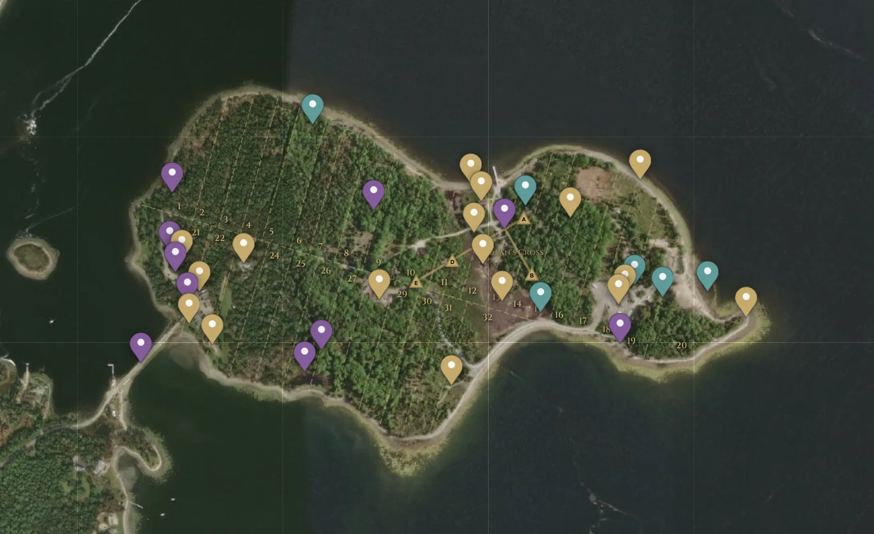 Map of Oak Island excavation sites