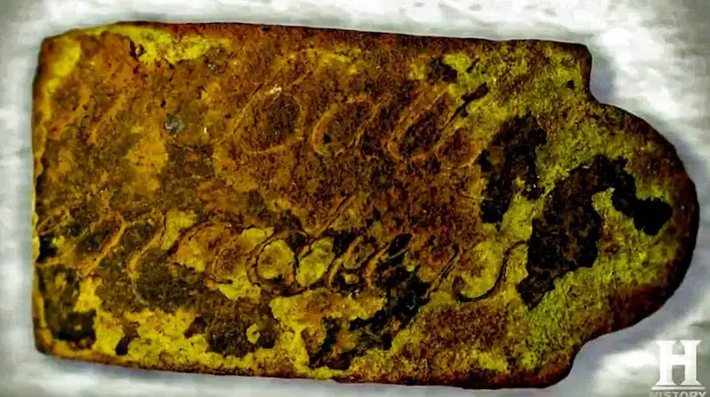 'Ball' name tag — colonial artifact. found at Island General, Oak Island. Dated: Late 18th century