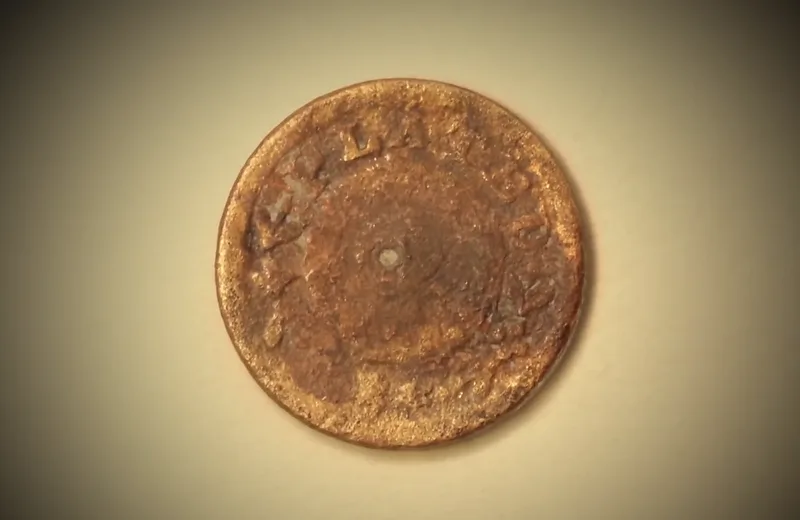 Copper coin, pre-1816 (Lot 6, Samuel Ball property) — Colonial Coin found at Island General, Oak Island, Nova Scotia. Dated: Pre-1816 (described as 200+ years old)