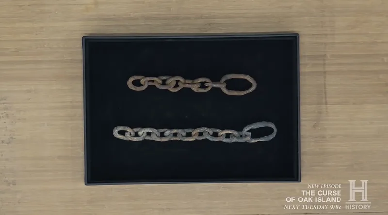 Hand-forged chain links (Karma-1 shaft) — Colonial Artifact found at Oak Island, Oak Island, Nova Scotia. Dated: Late 1600s to mid-1700s