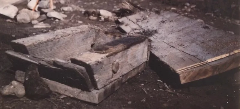 Hidden wooden box (Smith's Cove, Blankenship 1969-70), Colonial Artifact found at Smith's Cove, Oak Island, Nova Scotia. Dated: Undated; found beneath the U-shaped structure