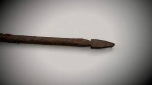 Iron projectile (Lot 26, possible Roman pilum) — ancient artifact. found at Shoreline, Oak Island. Dated: Roman era (1st century BC - 5th century AD) per antiquities expert; iron with manganese confirmed by SEM