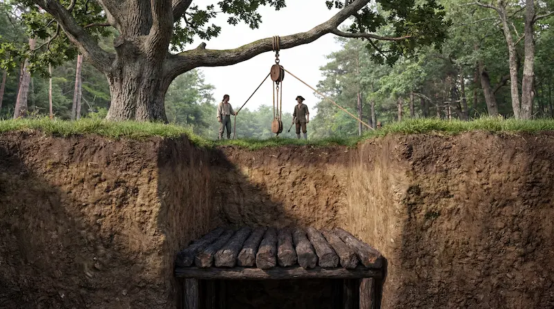 Oak log platforms found at regular 10-foot intervals in the Money Pit shaft