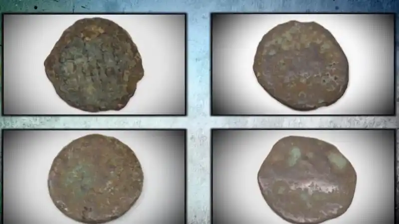 Roman coins (multiple, Season 11) — ancient coin. found at Island General, Oak Island. Dated: One: BC era (2000+ years); One: 100-300 AD; One: possibly Indian 6th-8th c.; One: Tudor 1500s