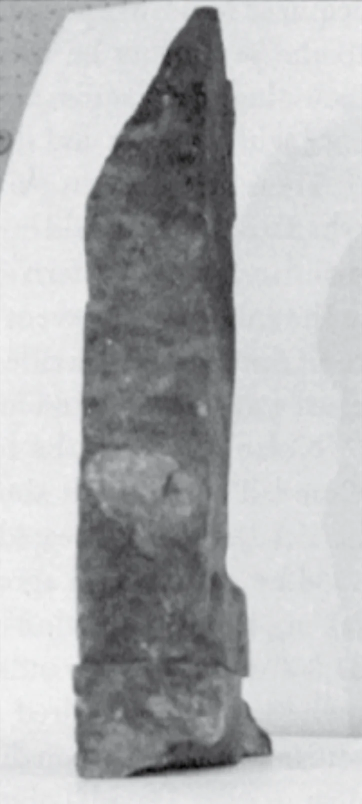 Sandstone survey monument ("Spanish galleon" stone, Nolan) — Pre-Discovery Carved Stone found at Island General, Oak Island, Nova Scotia. Dated: Undated; Nolan argued pre-search survey marker
