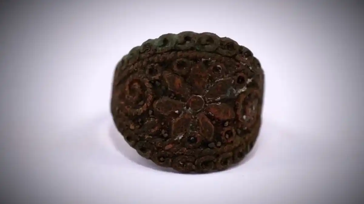 Silver Spanish ring — colonial artifact. found at The Swamp, Oak Island. Dated: Possibly 16th-17th century