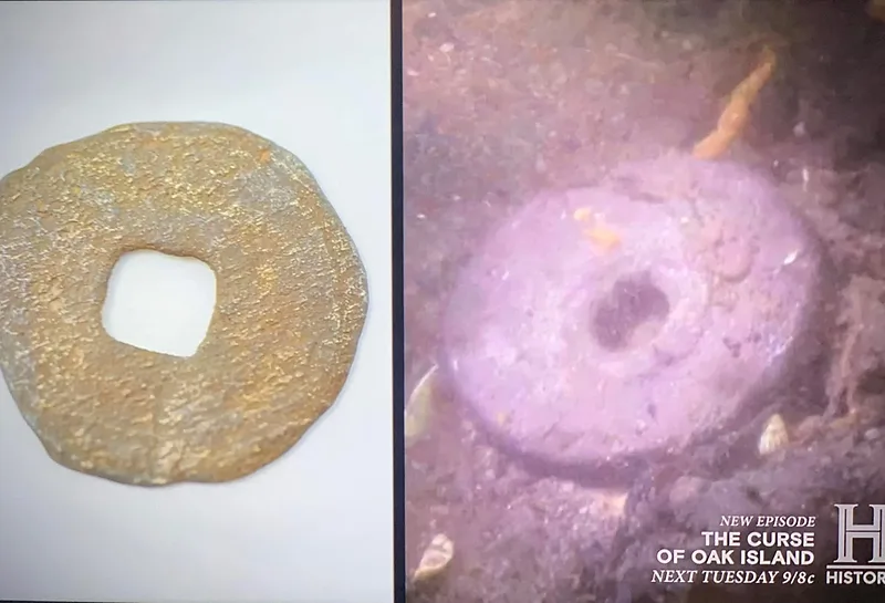 Submerged coin, undated, possibly Chinese (shoreline) — Modern Coin found at Shoreline, Oak Island, Nova Scotia. Dated: Dating Unknown